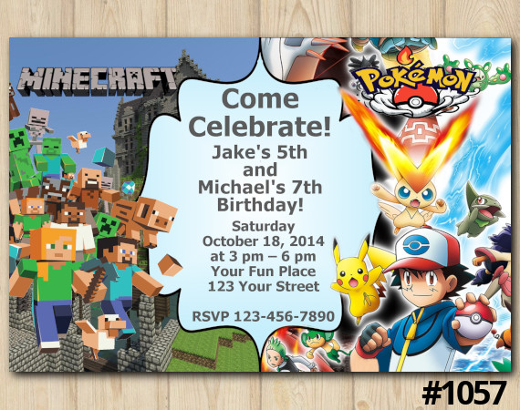 Twin Minecraft and Pokémon Invitation | Personalized Digital Card